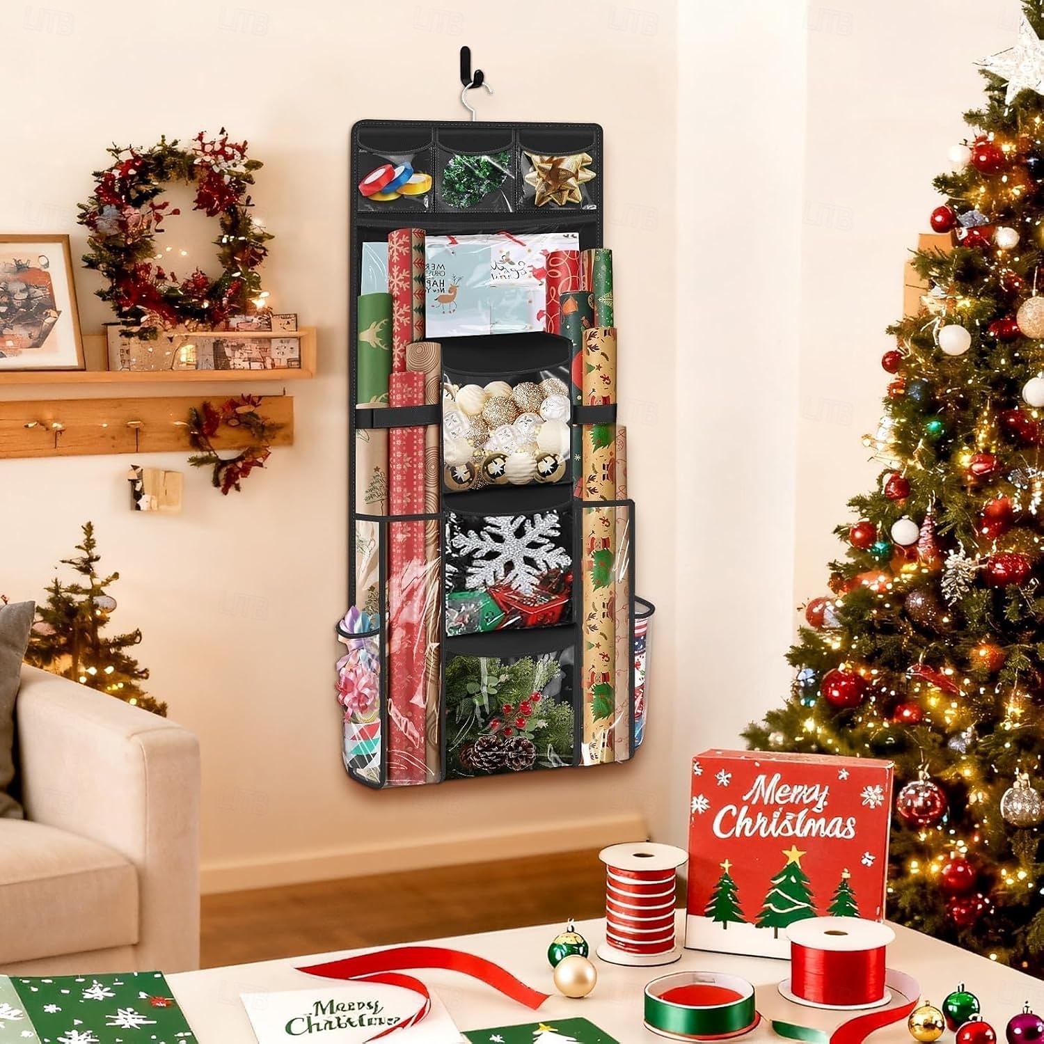 Hängender Geschenkpapier-Organizer, doppelseitiger Geschenkverpackungs-Organizer, Aufbewahrungsbehälter für Weihnachtsdekoration mit drehbarem Haken, großes Fassungsvermögen für Festtagsdeko, Bänder 2026 - $32.99 –P4