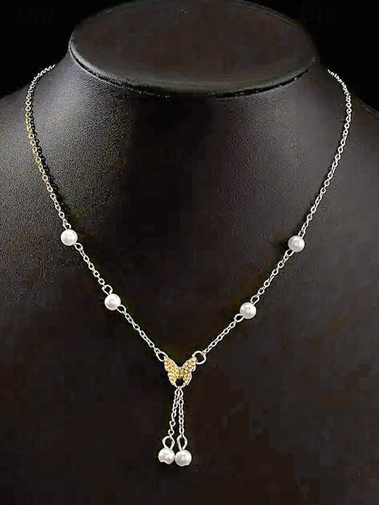Női ötvözet műgyöngyös pillangós nyaklánc, finom Y-láncos kialakítás, arany és ezüst árnyalatok, elegáns minimalista stílus, tökéletes mindennapi viseletre, hétköznapi öltözékekhez és rétegezéshez 2026 - $5.99 –P4