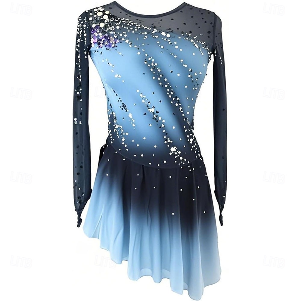 Figure Skating Dress Women's Ice Skating Dress Violet Pink Royal Blue Patchwork Thumbhole Stretchy Training Competition Skating Wear Classic Crystal / Rhinestone Long Sleeve Ice Skating Figure Skating 2026 - $240.39 –P1