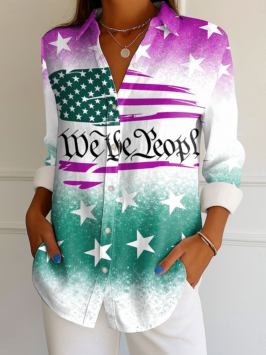 Unabhängigkeitstag Patriotisches Damen Hemd Bluse Grafik Flagge Vintage Alltag Stylisch Langarm Hemd Kragen Reguläre Oberteile Alltag Druck Gelb Rot Lila Grün Frühling Herbst Winter 2026 - $32.99 –P4