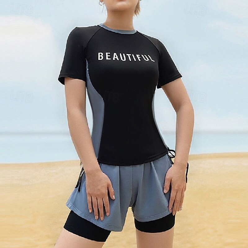 Per donna Top sottomuta 2 pezzi Costumi da bagno Patchwork Protezione UV Elastico Manica Corta Costume da Bagno Costume da bagno Surf Snorkeling Nuoto Estate del 2026 a $44.99 –P4