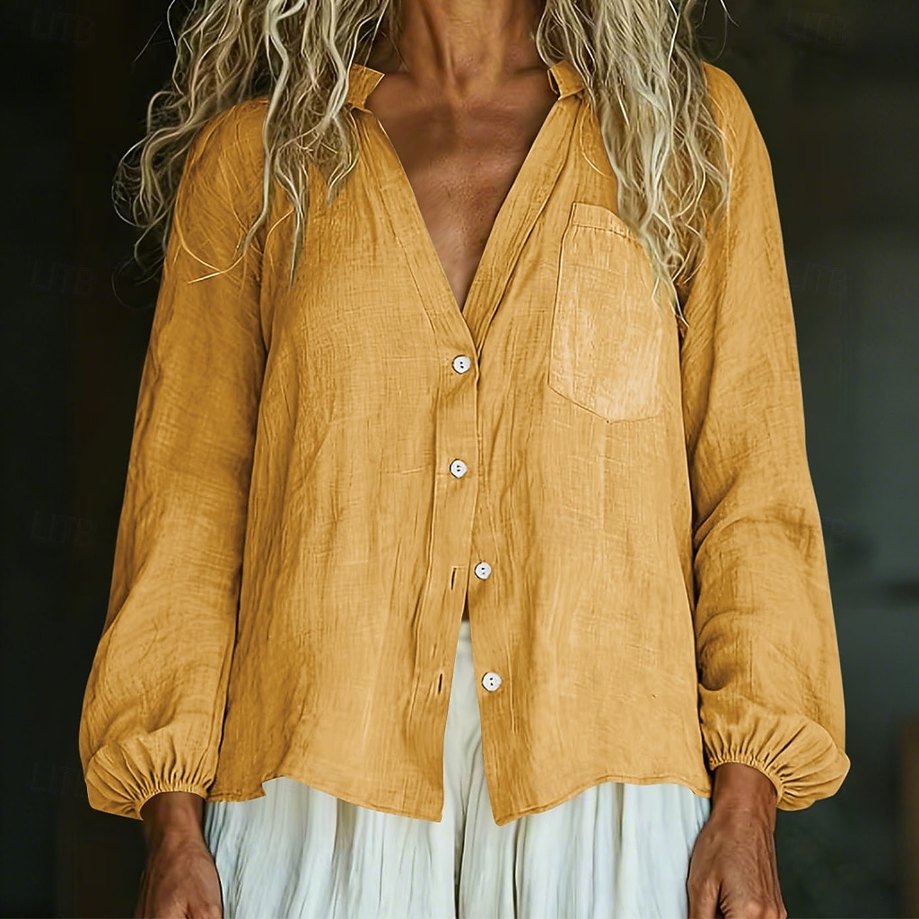 Mulheres Camisa de linho camisa de verão camisa de botão Bolsos Côr Sólida Tecido Diário à moda Casual Manga Longa Decote V Tops regulares Feriado Roupa de Praia Roupas de resort Preto Branco Amarelo de 2026 por $27.99 –P5
