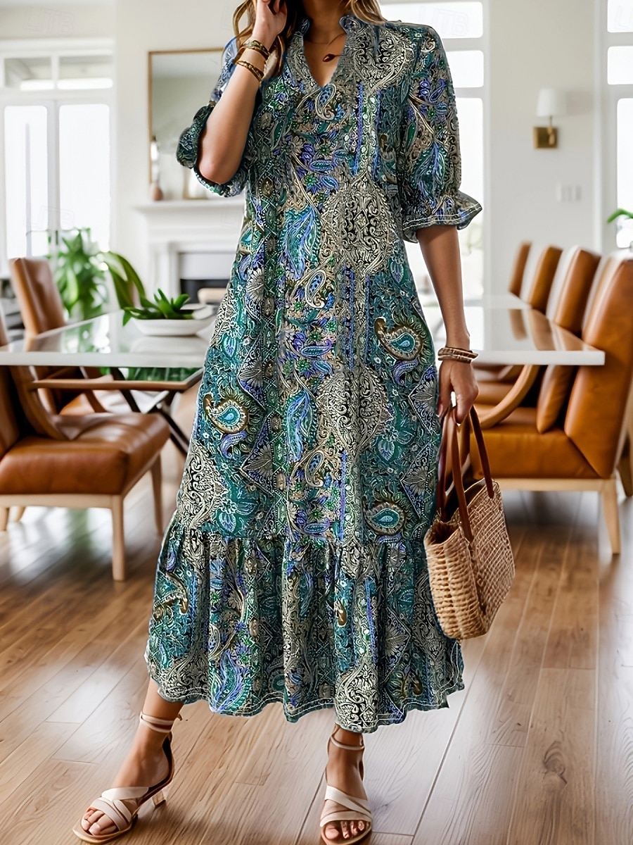 Women's Midi Dress Floral Dress Print Dress Fashion Modern Outdoor Vacation Going out Loose Fit Floral Half Sleeve V Neck Teal Red Purple Summer Spring 2026 - $27.99 –P4