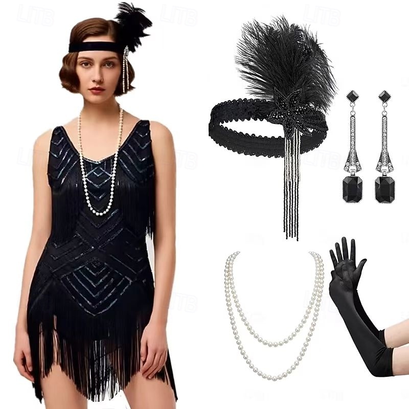 Set Roaring 20s 1920s Mini Dress Flapper Dress Outfits with Accessories Sleeveless The Great Gatsby Charleston Sequins Tassel Fringe Feather Deep V Fancy Dress Women's Carnival New Year Masquerade 2026 - $79.99 –P20