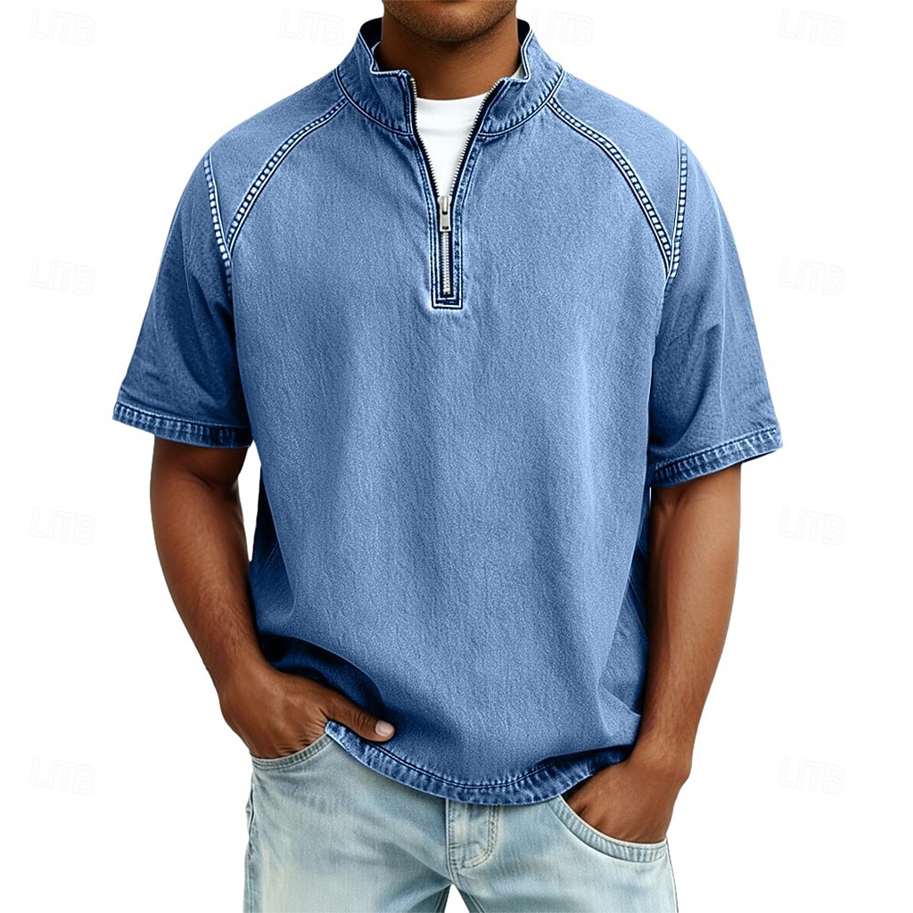 Heren Overhemd van 100% katoen met zure wassing T-shirt Korte mouw Opstaand Herfst winter Lente Herfst Effen Vintage Streetwear Casual Rits omhoog Kledingstuk geverfd Standaard Casual Huis Straat 2026 - $31.99 –P3