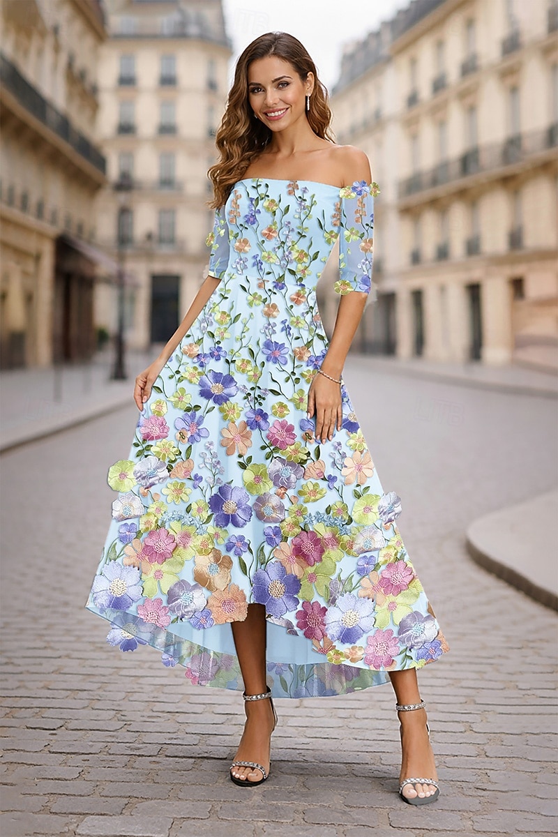 А-силуэт Ниже колена коктейльные платья Элегантный стиль Стиль знаменитостей Асимметричный крой Рукав до локтя С открытыми плечами Вечеринка в саду Свадьба Кружева с Вышивка Аппликации 2026 - $196.99 –P1