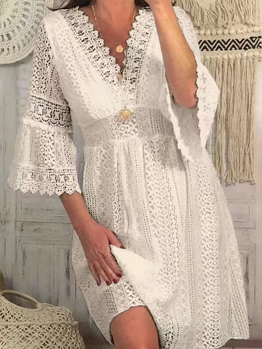 Mujer Vestido hasta la Rodilla Vestido blanco Vestido de encaje Elegante Vintage Moda Manga de la llamarada Diario Exterior Playa Ajuste regular Plano Manga 3/4 Escote en Pico Blanco Albaricoque 2026 - $42.99 –P4