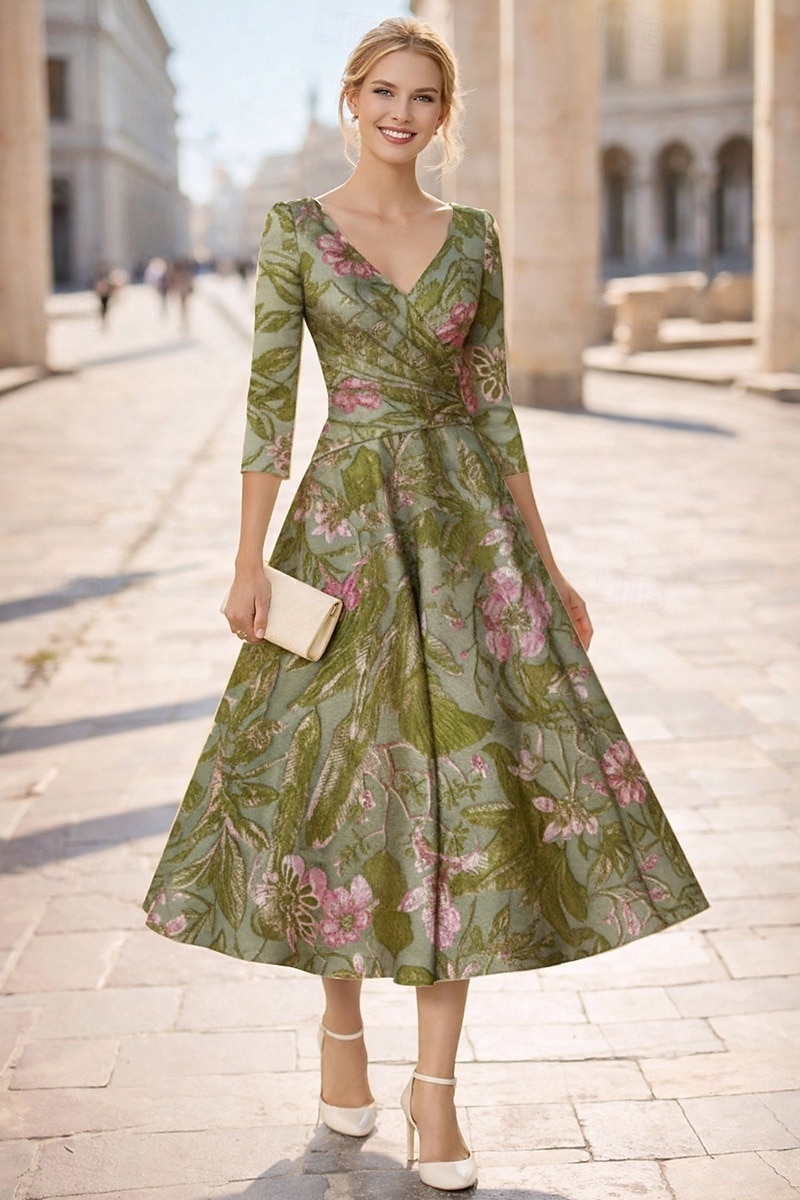 Linha A Longuette Vestidos de cocktail Elegante Floral Manga 3/4 Decote V Casamento Formal Bolsos Jacquard com Pregas de 2026 por $175.99 –P4