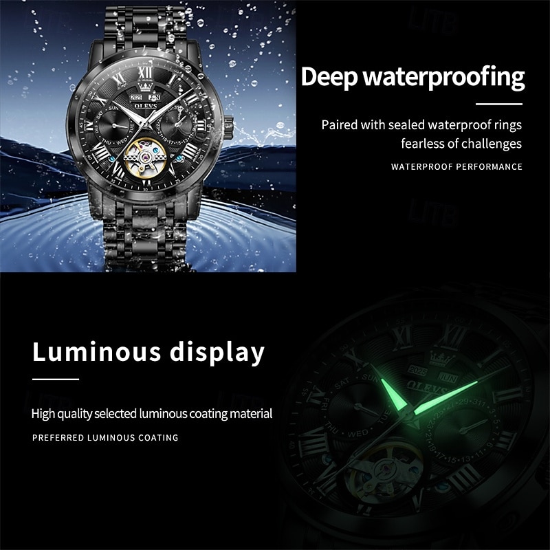 Новые мужские деловые часы Olevs с люминесцентным дисплеем, вечным календарем, календарем и отображением недели. Полностью механические часы с полым ротором для повседневного использования, 2026 - $97.99 –P15