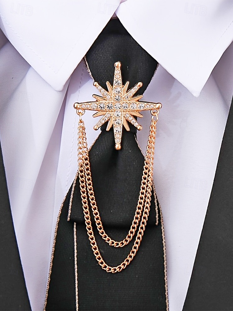 Broche masculino em liga de ouro e prata com design elegante e vintage, com cristal em formato de estrela e corrente dupla. Ideal para noivos, casamentos, Dia dos Namorados, festas formais e eventos noturnos. de 2026 por $7.99 –P3