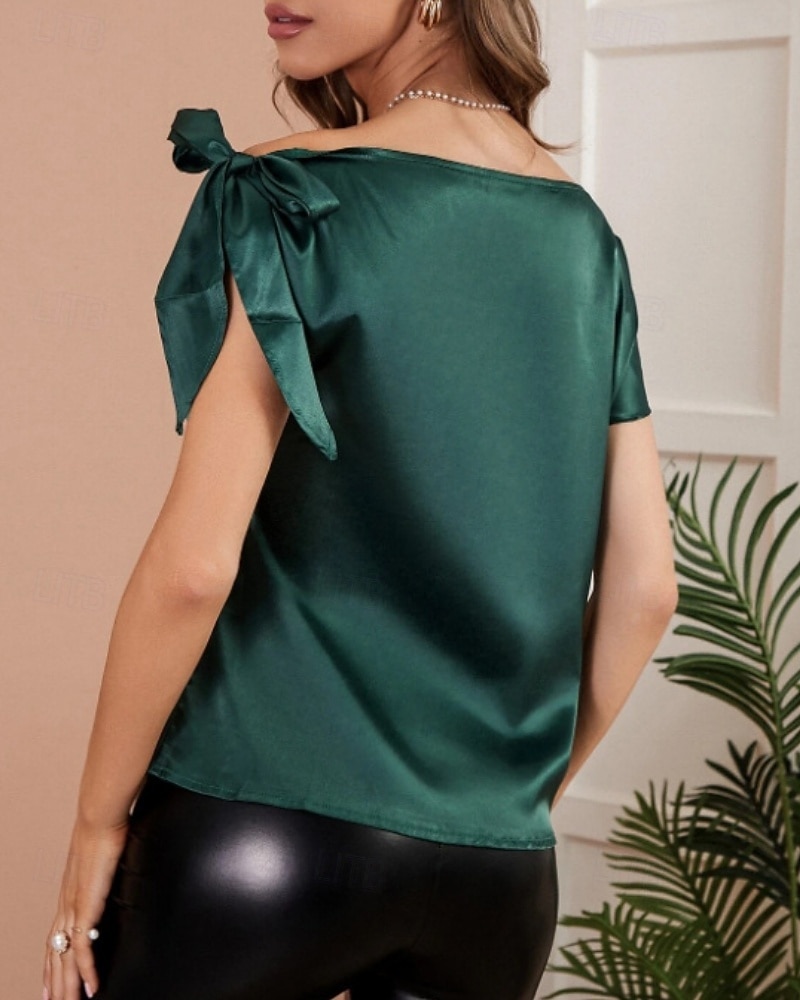 Women's Elegant Satin Top Summer Tops Blouse Plain Stylish Basic Classic Short Sleeve Off Shoulder Regular Tops Daily Work Holiday Black Pink Wine Green Summer Spring 2026 - $24.99 –P5