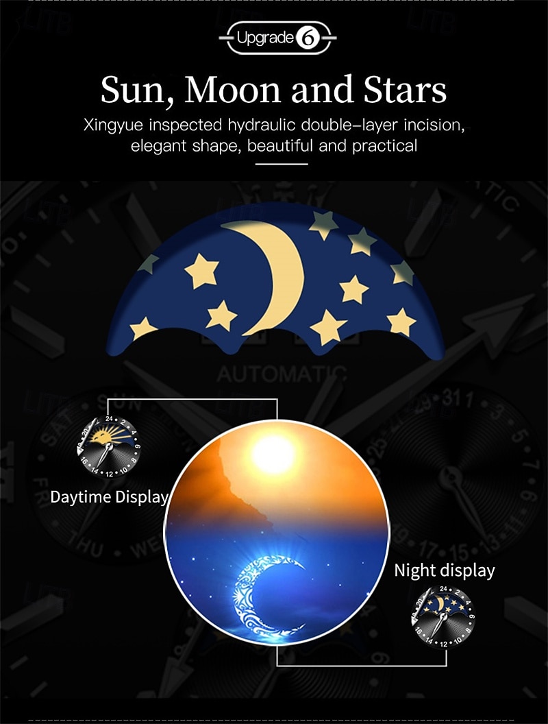 Montre homme Olevs neuve, élégante et fonctionnelle, avec affichage des phases de la lune, du calendrier, de l'heure sur 24 heures et du jour de la semaine. Montre mécanique automatique multifonctions de 2026 ? $121.99 –P9