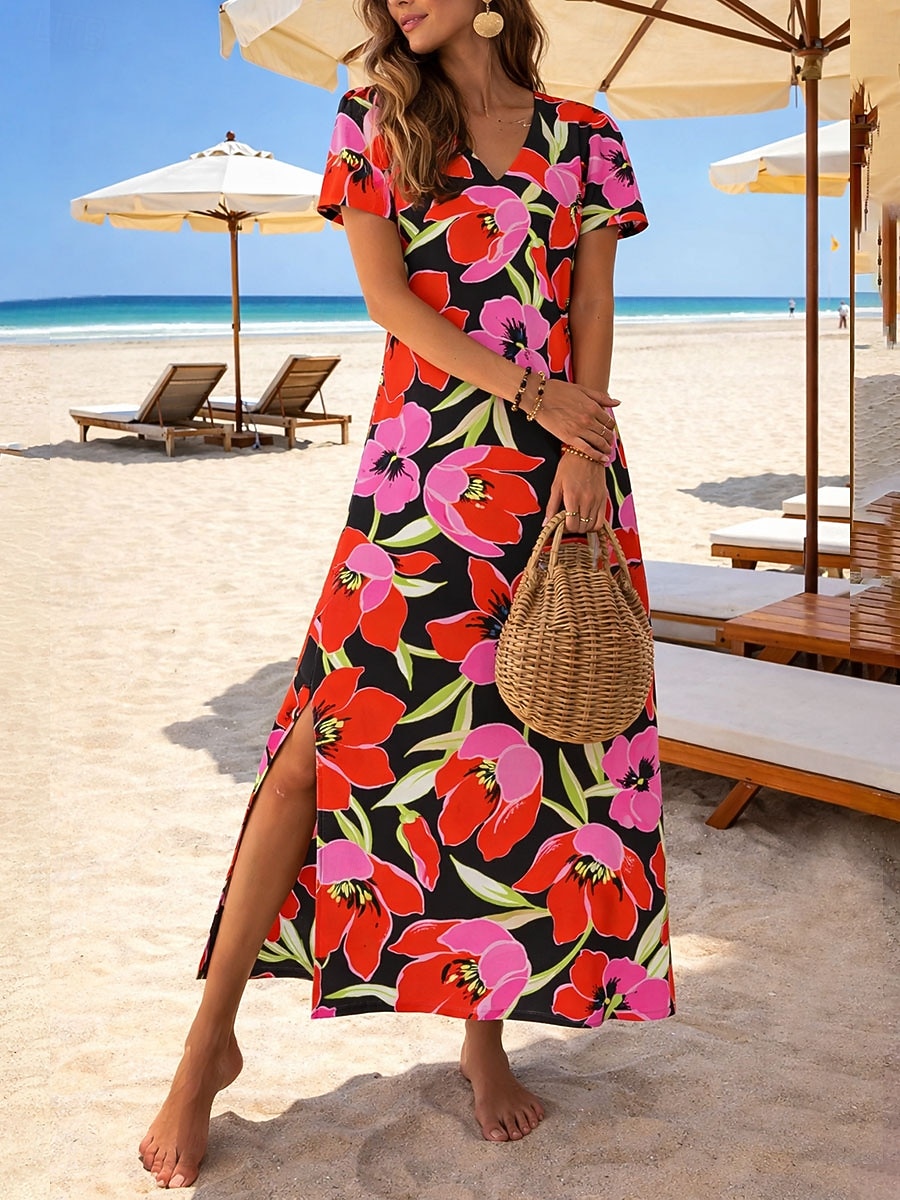 Per donna Abito maxi Abito a trapezio Casual Spiaggia Vestibilità regolare Grafico Geometrico Paisley Manica Corta Scollo a V Bianco Rosa Rosso Marrone Estate Primavera del 2026 a $27.99 –P3