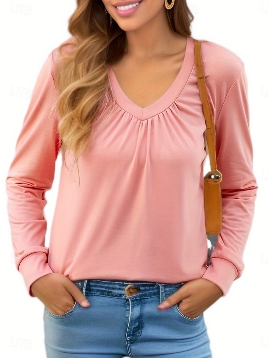 Dames T-shirt Met ruches Effen Modieus Klassiek Casual Lange mouw V-hals Normale tops Dagelijks Uitgaan Weekend Zwart Wit Blozend Roze Leger Groen Lente Herfst 2026 - $21.99 –P1