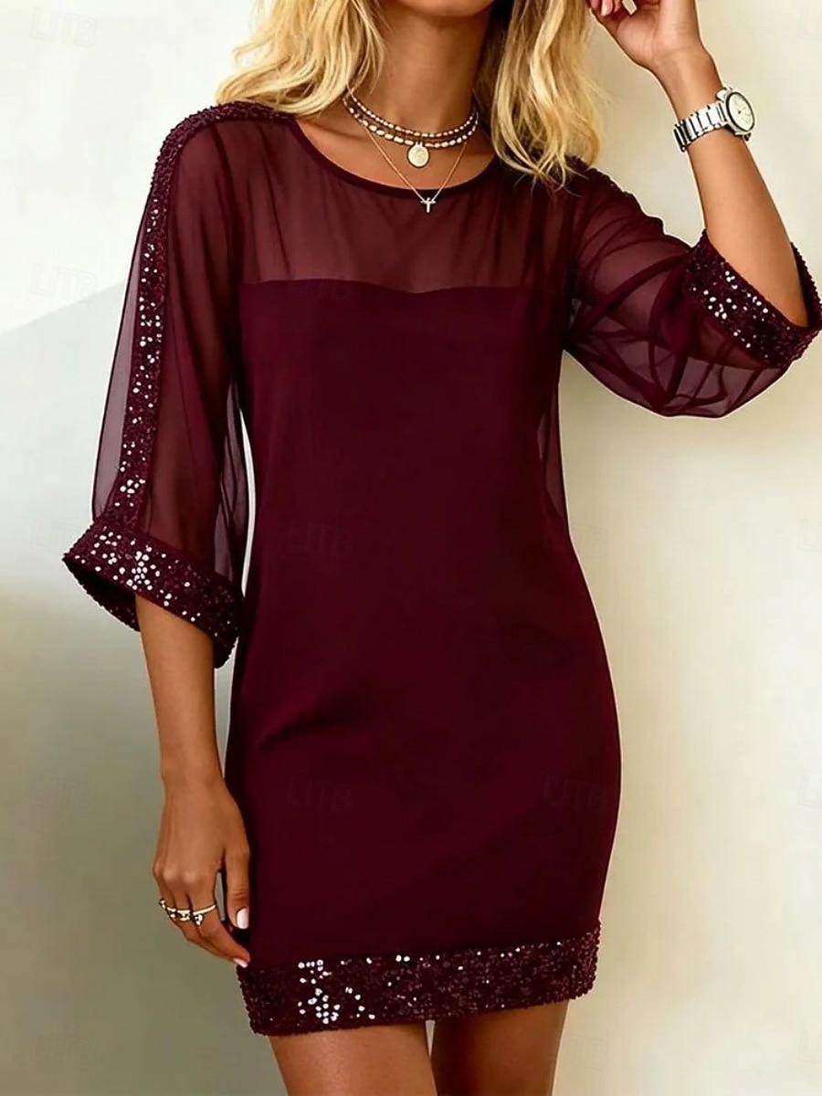 Γυναικεία Μίνι φόρεμα Φόρεμα ριχτό Καθημερινό Καθημερινά Κανονικό Σκέτο 3/4 Μήκος Μανικιού Στρογγυλή Ψηλή Λαιμόκοψη Μαύρο Κρασί Βαθυγάλαζο Καλοκαίρι Άνοιξη 2026 - $41.99 –P2