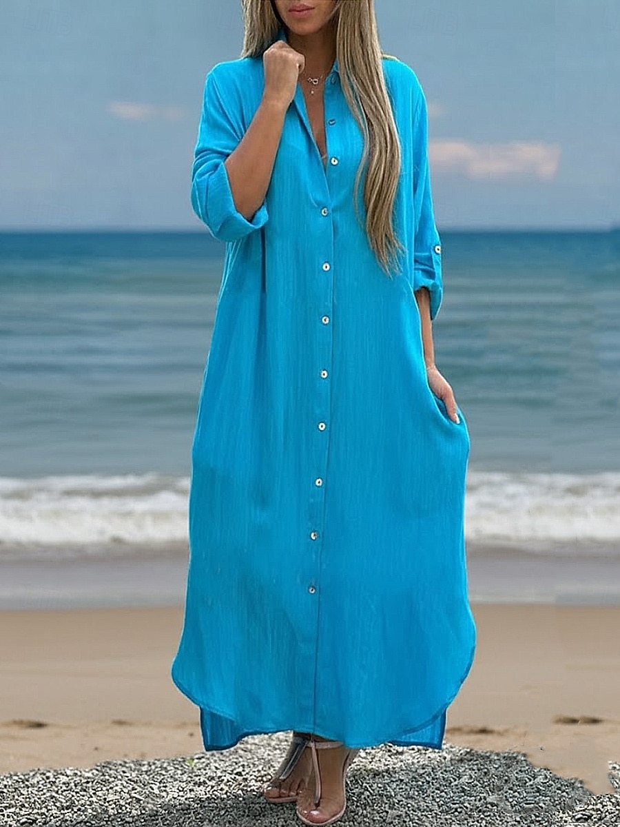 שמלת מקסי לנשים מכותנה ופשתן שמלת שינוי קזואלית יומית רחבה פשוטה עם שרוולים ארוכים צווארון כחול שחור לבן ירוק בהיר קיץ אביב סתיו 2026 - $41.99 –P10