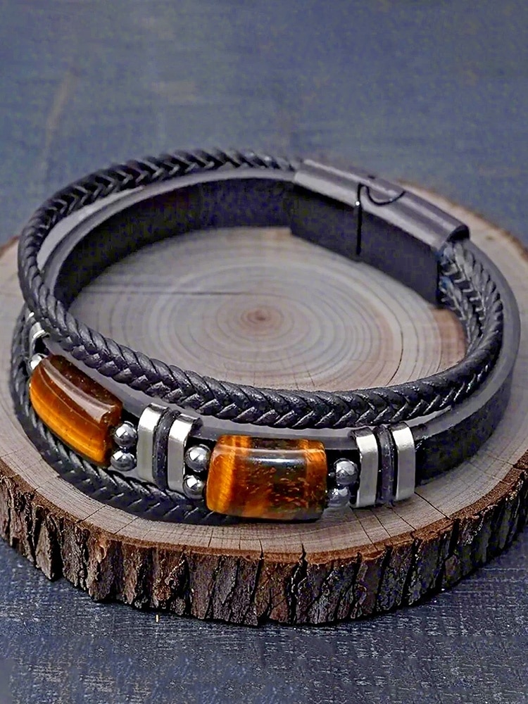 Bracciale da uomo in pietra naturale e finta pelle, cinturino da polso casual intrecciato in vari colori, gioielli alla moda da uomo per l'abbigliamento casual quotidiano e lo street style del 2026 a $11.99 –P8