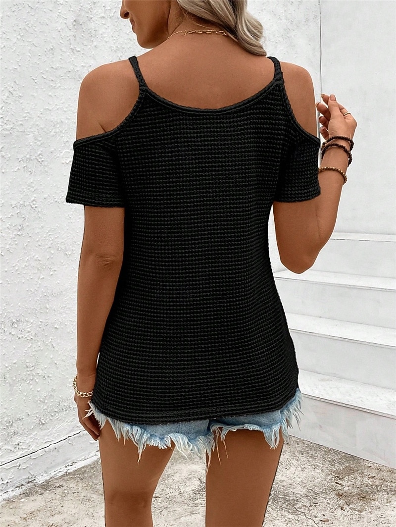 Women's Cold Shoulder Tops Waffle Knit Tops Lace Patchwork Embroidered Solid Color Elegant Stylish Casual Short Sleeve Cold Shoulder Regular Tops Daily Going out Black Apricot Summer Spring 2026 - $21.99 –P8