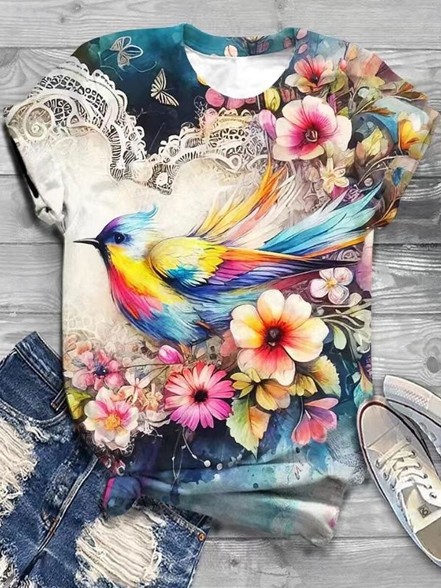 Femmes T-shirt Imprimé Fleuri Graphique Animal ancien Élégant Classique Manche Courte Col ras du cou Hauts Réguliers Quotidien Week-end Bleu Jaune Rose Claire Vert Beige Été Printemps Automne Hiver de 2026 ? $22.99 –P4