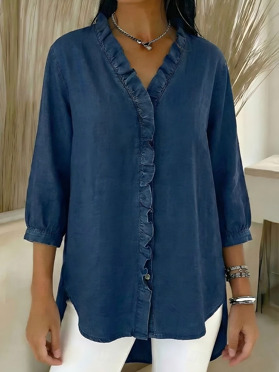 Per donna Camicia Estiva Camicia casual Blusa Volant Tinta unica Vacanza Vintage Elegante Manica 3/4 Scollo a V Top Regolari Quotidiano All'aperto Ferie Blu Nero Blu marino Albicocca Grigio Primavera del 2026 a $29.99 –P1