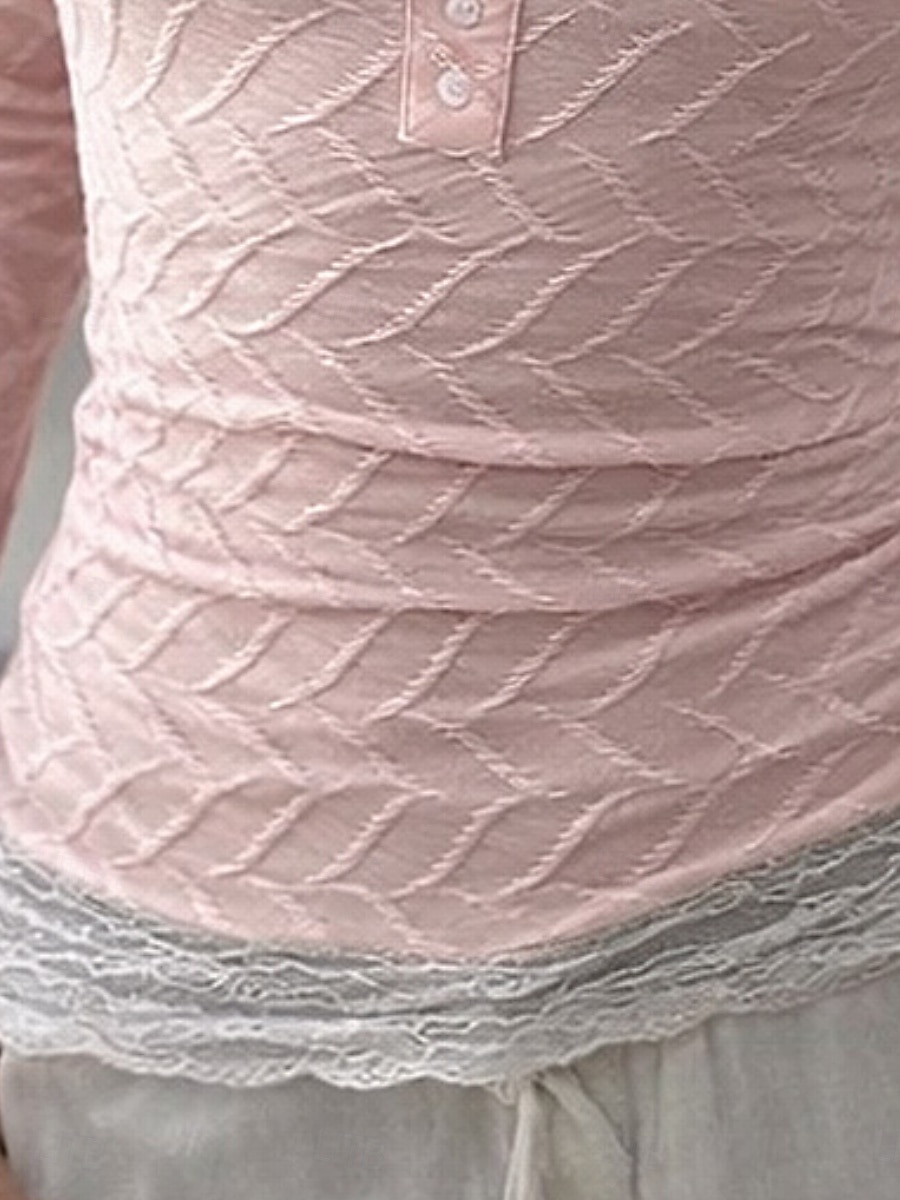 Per donna Blusa Pizzo Patchwork Bottoni Tinta unica Elegante Casual Manica Lunga Collo a U Top Regolari Quotidiano Rosa Primavera Autunno del 2026 a $25.99 –P3