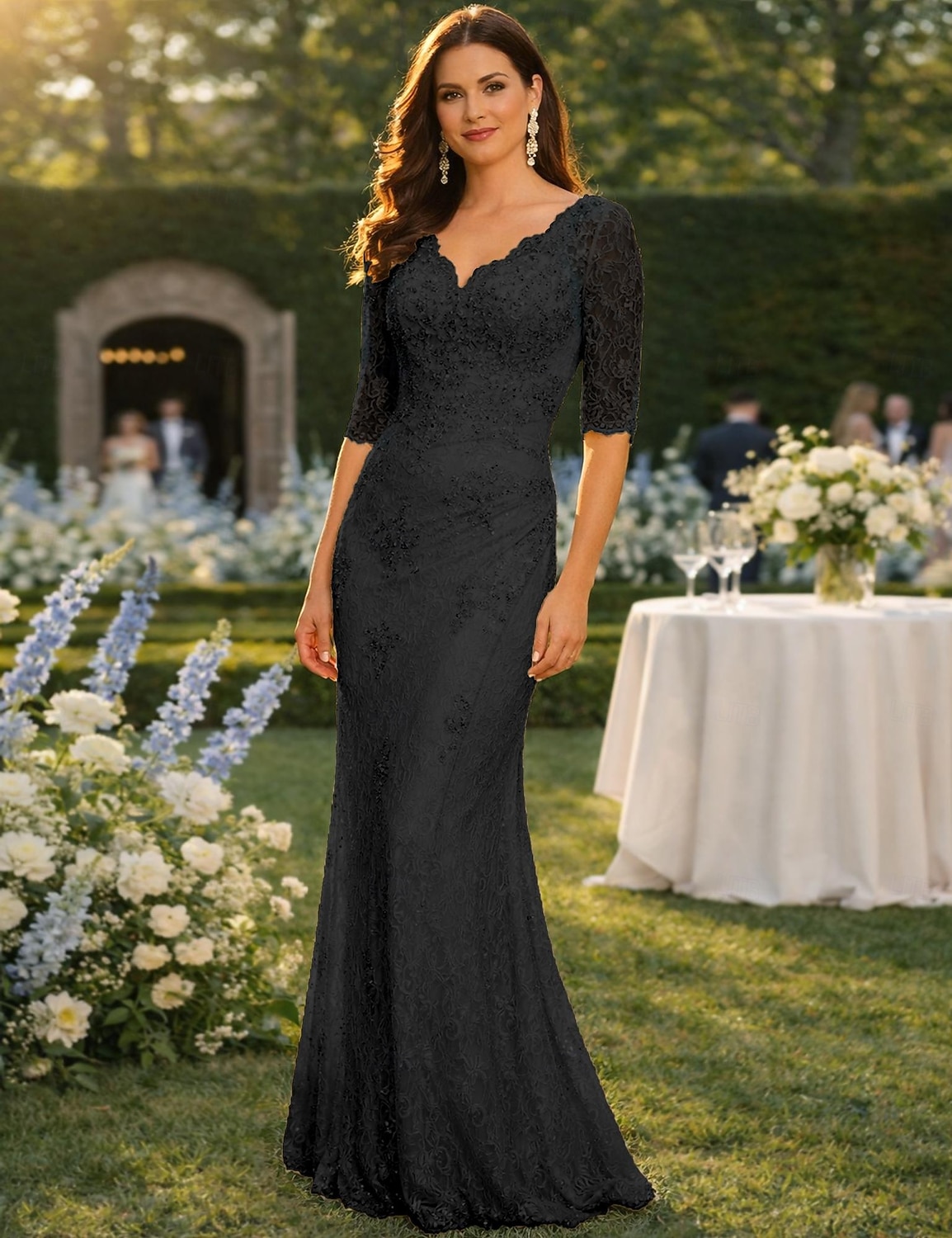 Sirène Trompette Longueur au sol Robe d'invité de mariage Robe de Cérémonie Robe de soirée Robe de Mère de Mariée  Demi Manches Col en V Grande taille Sexy robe demoiselle d honneur Chiffon Dentelle de 2026 ? $229.99 –P4