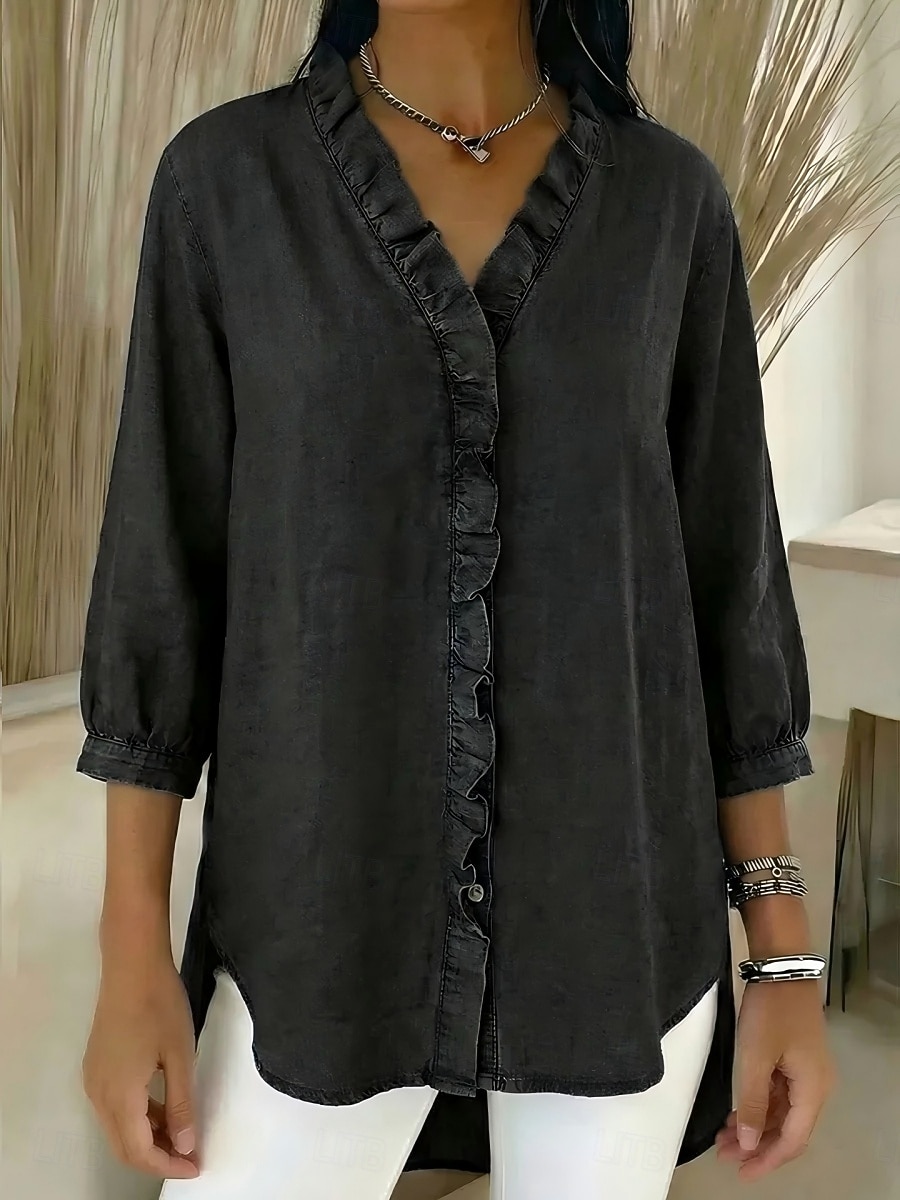 Per donna Camicia Estiva Camicia casual Blusa Volant Tinta unica Vacanza Vintage Elegante Manica 3/4 Scollo a V Top Regolari Quotidiano All'aperto Ferie Blu Nero Blu marino Albicocca Grigio Primavera del 2026 a $29.99 –P7