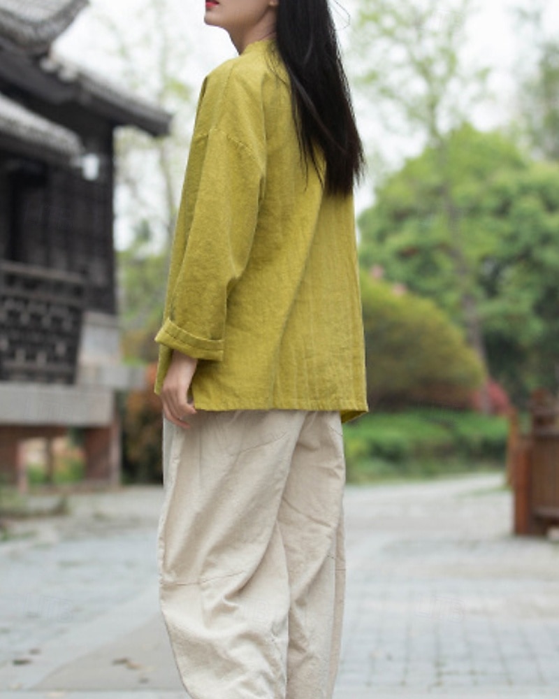 Camicia da donna a maniche lunghe con colletto alla coreana in lino biologico del 2026 a $45.99 –P4