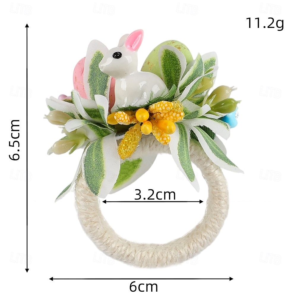 6 st servettringar med påskhare, servetthållare med vårblommor och kanin, spräckliga ägg och prästkragar, bordsdekorationer i lantlig stil för påskmiddag, gröna servettringar 2026 - $19.99 –P14