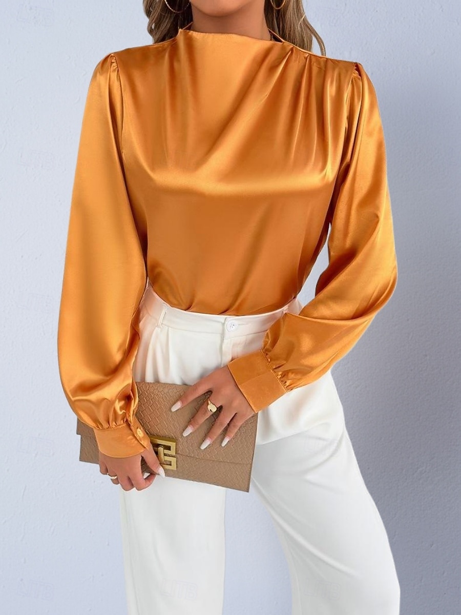 Dames Overhemd Satijnen overhemd Normaal shirt Met ruches Effen Stijlvol Basic Klassiek Lange mouw Hoge nek Normale tops Dagelijks Feestdagen Uitgaan Zwart Wit Wijn Rood Lente Herfst 2026 - $22.99 –P1
