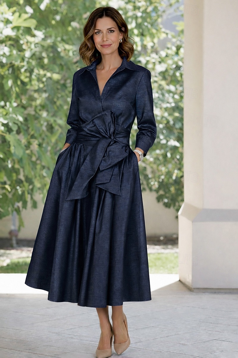 Linha A Longuette Vestido de Derby Vestido Para Mãe dos Noivos Manga Longa Colarinho de Camisa Elegante Vintage Simples Formal Kentucky Derby Tafetá com Laço(s) de 2026 por $171.99 –P5