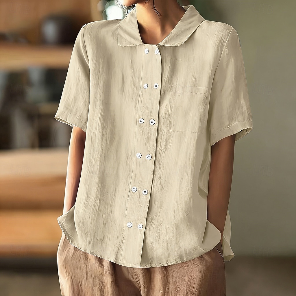 Per donna Camicie effetto lino Camicia di lino Camicia Estiva Camicia con Bottoni Bottoni Tinta unica Semplice Quotidiano Elegante Casual Manica Corta Collo ripiegato Top Regolari Ferie Uscire del 2026 a $27.99 –P7