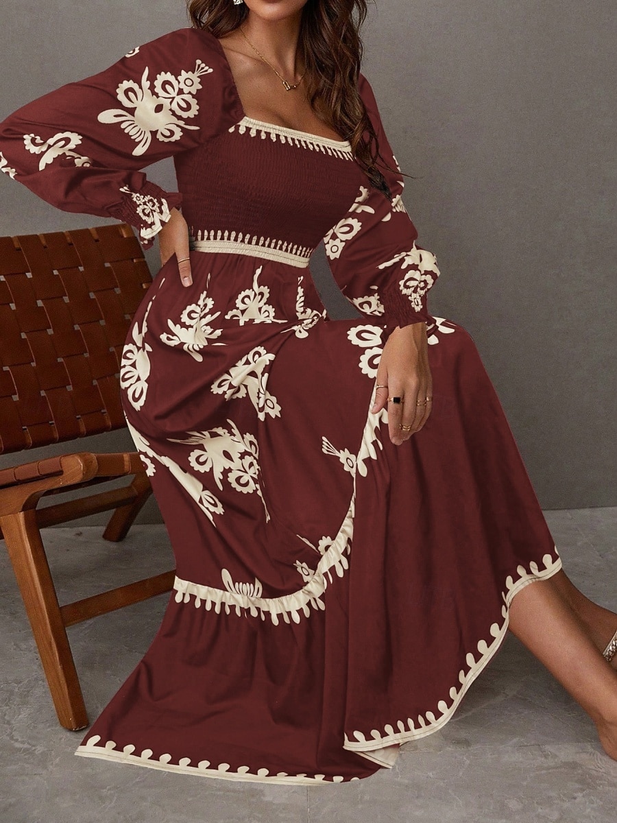 Mujer Vestido maxi Vestido de una línea Vestido de flores Elegante Moda Moderno Exterior Vacaciones Fiesta Ajuste regular Floral Manga Larga Escote Cuadrado Negro Burdeos Marrón Albaricoque Primavera 2026 - $41.99 –P11