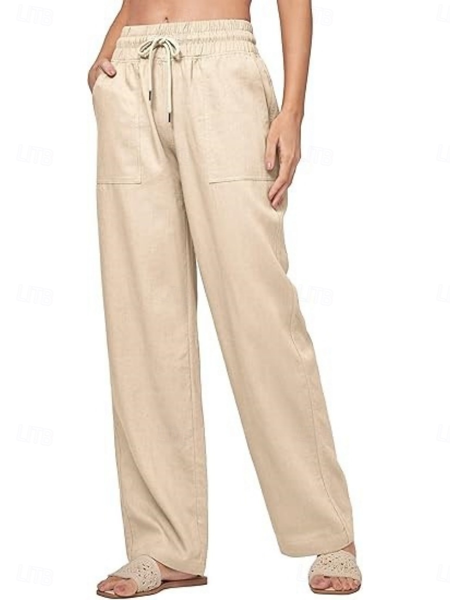 Naisten Puuvillaiset pellavahousut Kiinalainen Kesähousut Suora Loma Perus Vapaa-aika Täyspitkä Korka vyötärö Yhtenäinen väri Tasku Elastinen vyötärönauha Mukava Pehmeä Elastinen ulko- Katu Sininen 2026 - $42.99 –P16