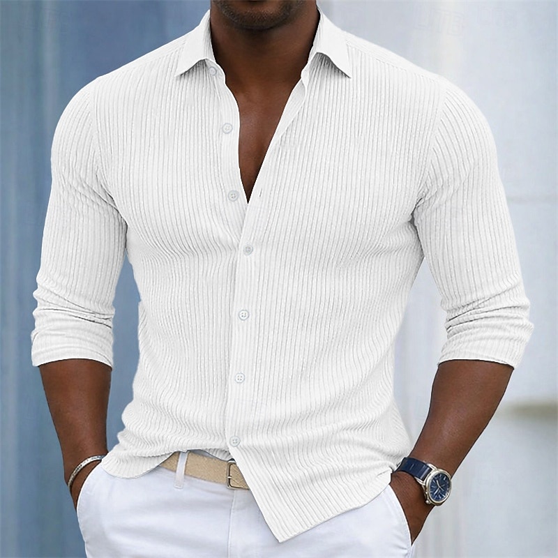 Homens Camisa Social Malha canelada Textura Camisa casual camisa de botão Azul Branco Azul Marinha Cinzento Manga Longa Tecido Tiras verticais Colarinho de Camisa Casual Diário Bolso frontal Roupa de 2026 por $31.99 –P2