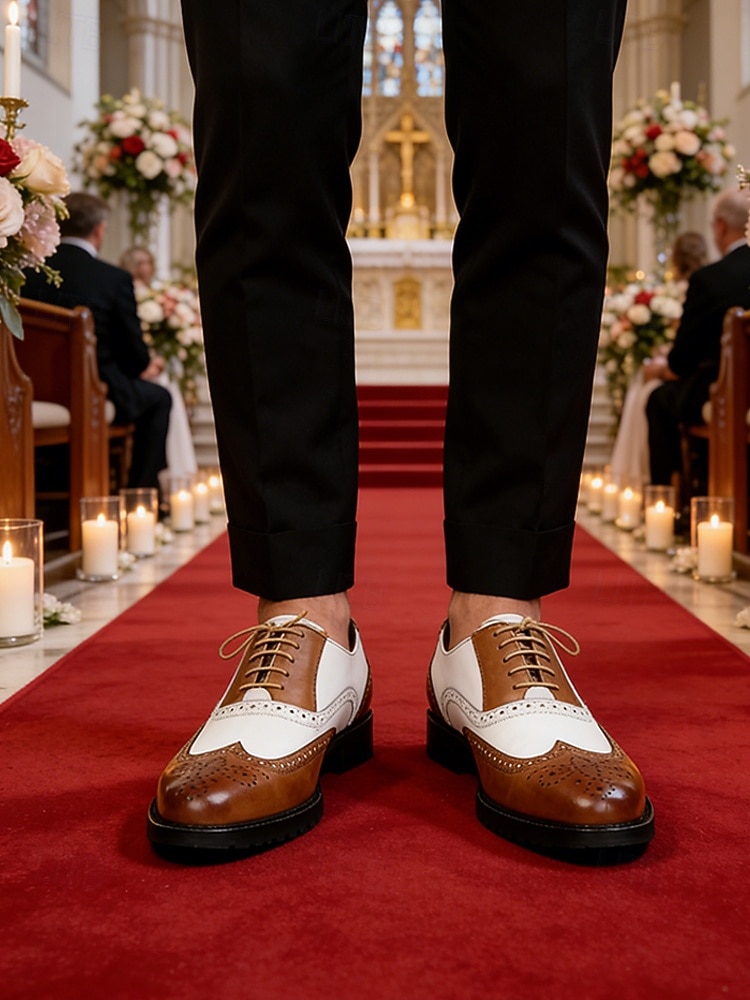 scarpe eleganti da uomo bicolore, stile oxford marrone e bianco, design con lacci, look vintage elegante per matrimoni e occasioni formali del 2026 a $34.99 –P2