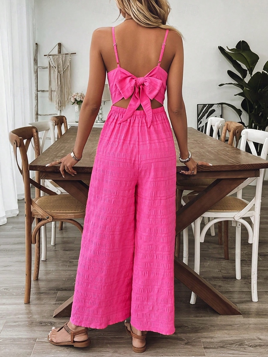 Per donna Normale Tuta Attivo Tinta unica Senza Maniche Gamba larga Scollo a V Fiocco Senza schiena Quotidiano Vacanza Vestibilità regolare Fucsia Estate del 2026 a $25.99 –P3