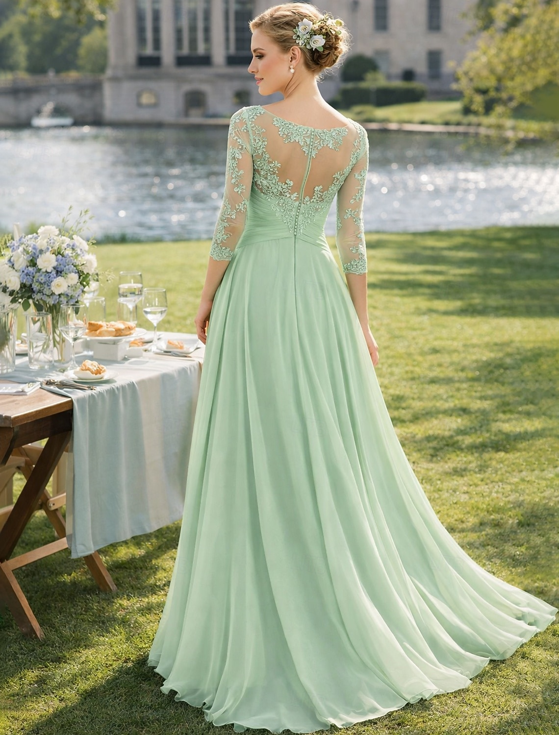 Linea ad A Lunghezza al pavimento Abito da invitata a nozze Abito Formale Abito da sera Abito da cerimonia per signora Manica 3/4 Collo gioiello Elegante Ricevimento di matrimonio Chiffon Pizzo con del 2026 a $195.99 –P2