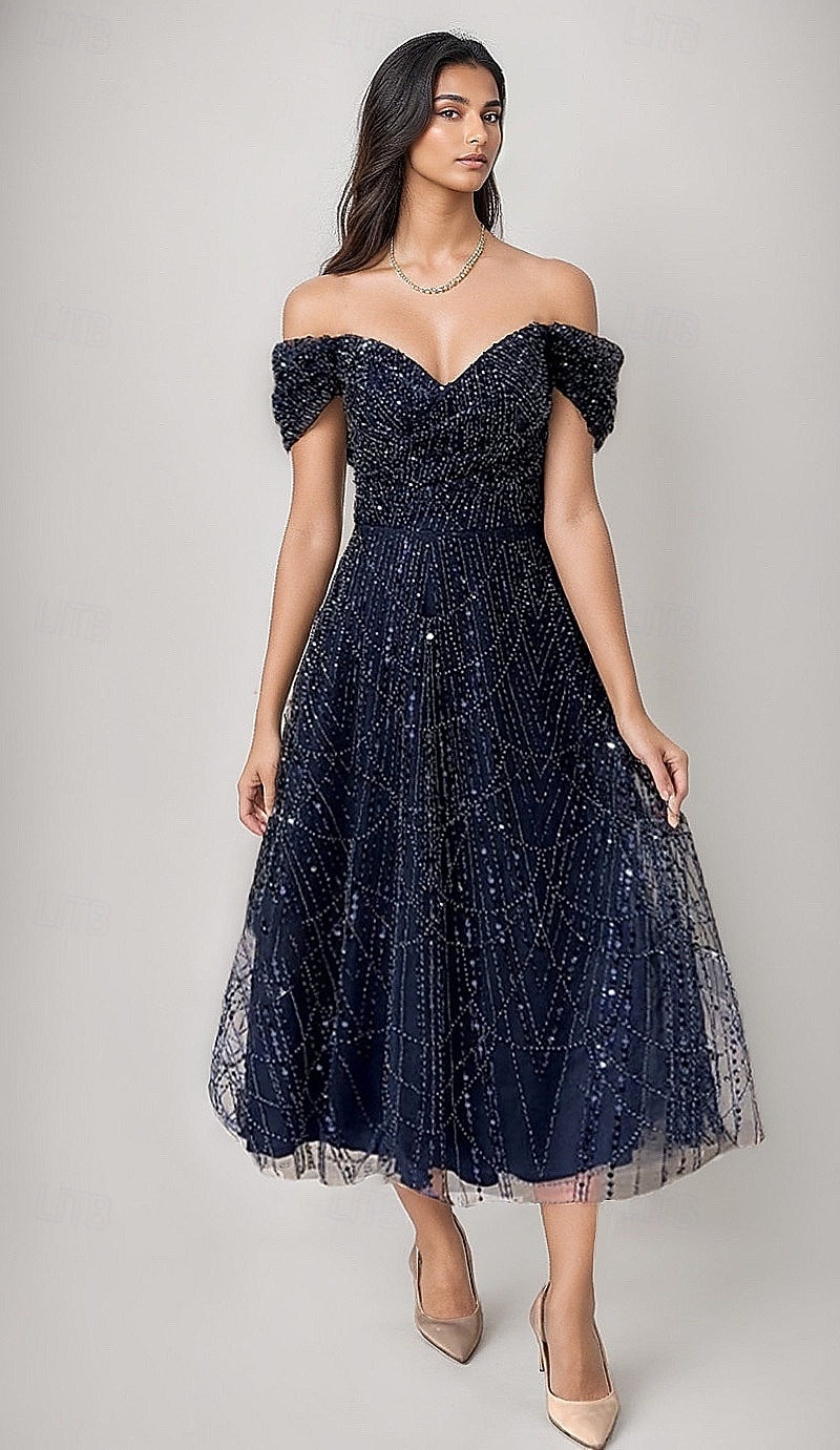 A-Line Tea Length Beaded Eembroidered Formal Dresses Mother of the Bride Dress Cocktail Dresses Party Dresses Wedding Guest Dresses Elegant Glittering Embellished Sleeveless Off Shoulder Formal 2026 - $197.99 –P1