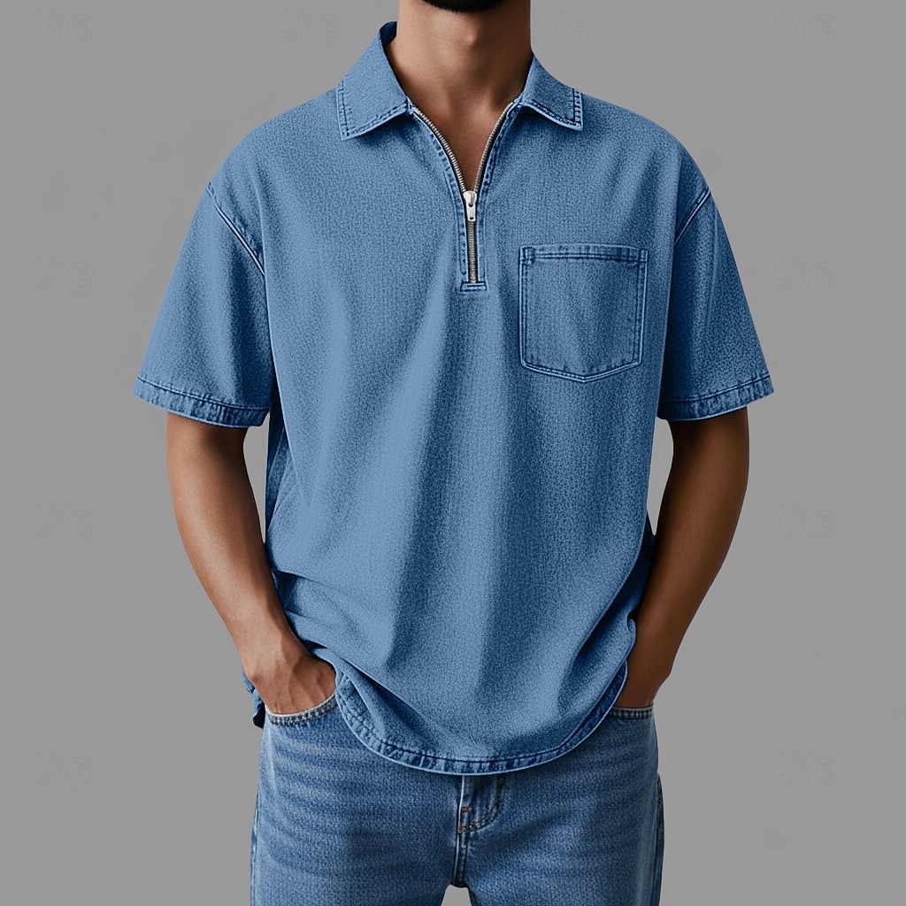 Polo de cremallera SoftFade™ Camiseta de Algodón para Hombre Ropa diaria Cita Media cremallera Manga corta Moda Básica Lisa Bolsillo con cremallera Primavera y Verano Ajuste regular Negro Rosa Marrón 2026 - $35.99 –P7