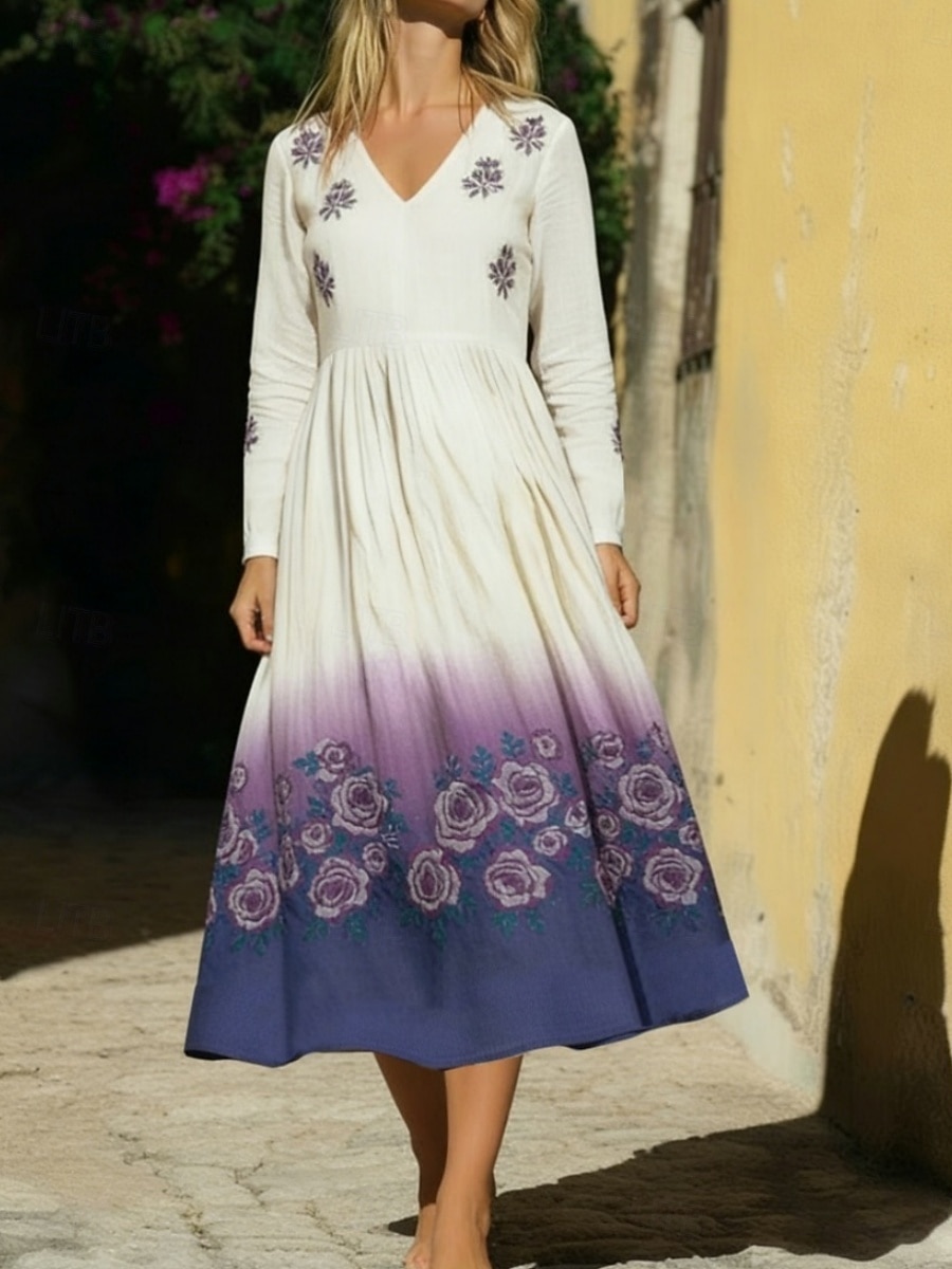 Mujer Vestido Midi Vestido bohemio Vestido informal Moda Diario Exterior Vacaciones Ajuste regular Floral Manga Larga Escote en Pico Morado Verano Primavera Otoño 2026 - $41.99 –P2
