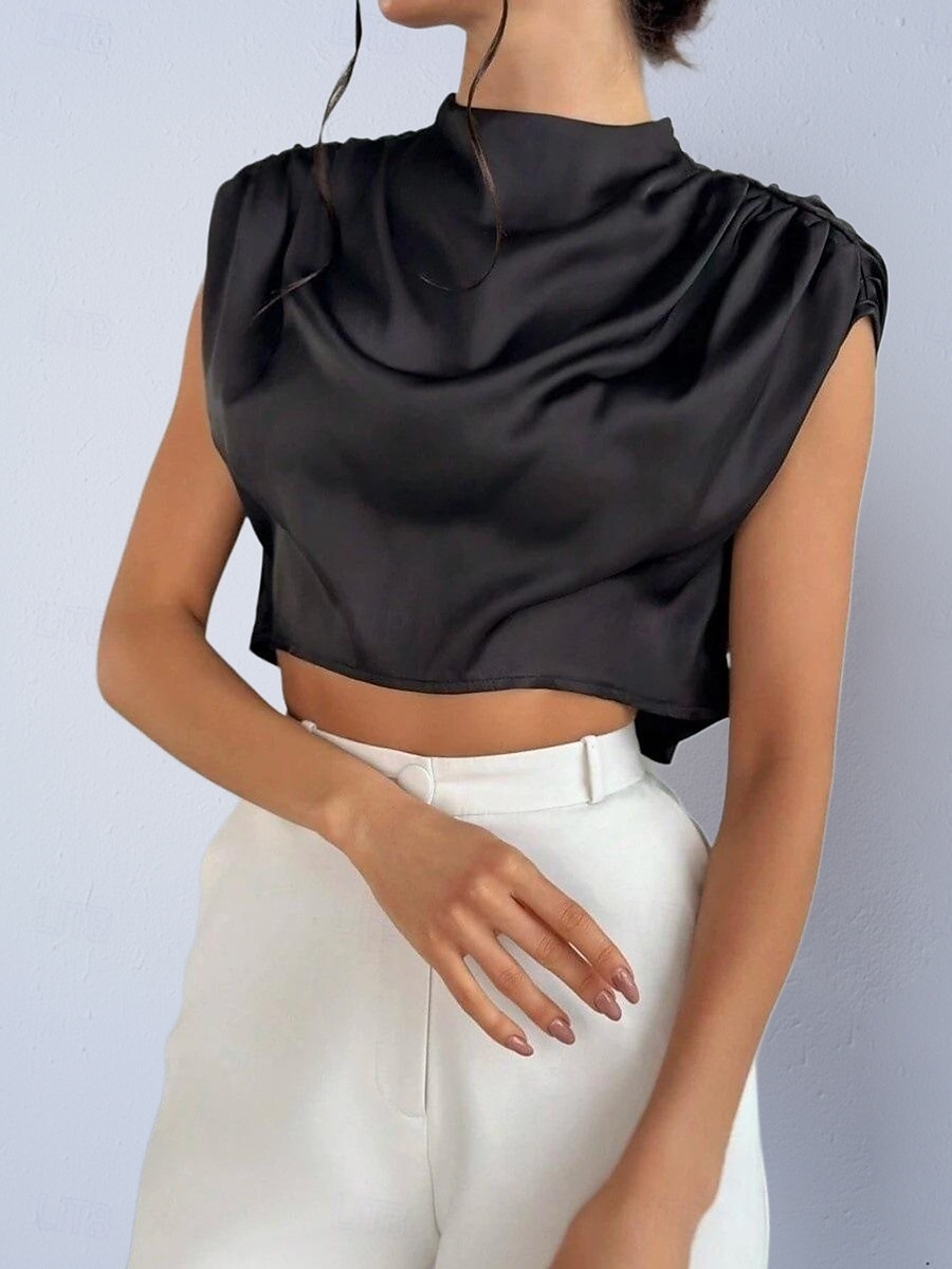 Damen Hemd Satinhemd Bluse Wickel-Crop-Top Gerafft Einfach Vintage Stilvoll Klassisch Kurzarm Hoher Ausschnitt Crop Tops Täglich Ferien Ausgehen Schwarz Weiß Marineblau Braun Grün Frühling Herbst 2026 - $22.99 –P7