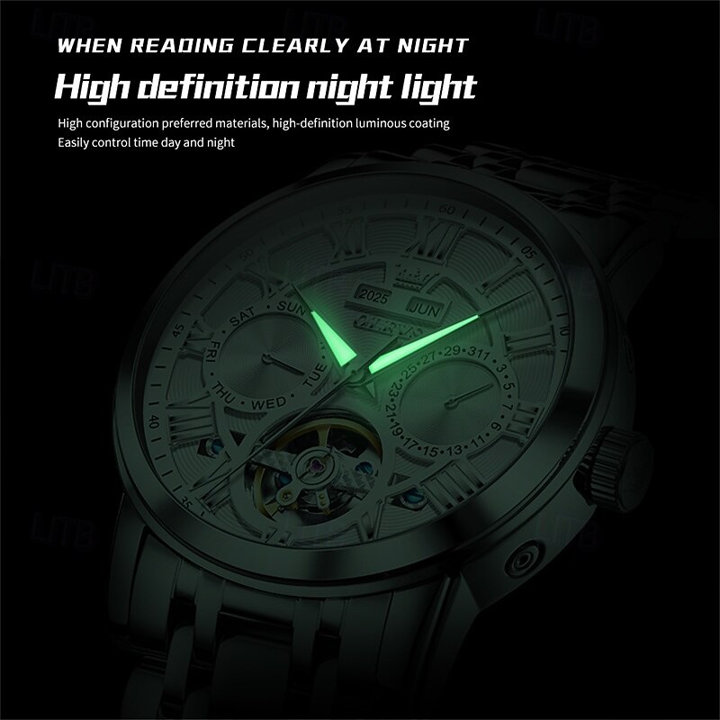 Новые мужские деловые часы Olevs с люминесцентным дисплеем, вечным календарем, календарем и отображением недели. Полностью механические часы с полым ротором для повседневного использования, 2026 - $97.99 –P13