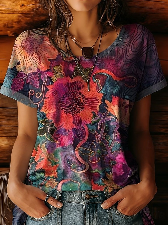 Γυναικεία Μπλουζάκι Στάμπα Φλοράλ Γραφική Φυτά Βίντατζ Στυλάτο Κλασσικό Κοντομάνικο Στρογγυλή Ψηλή Λαιμόκοψη Στρογγυλή Λαιμόκοψη Κανονικά μπλουζάκια Καθημερινά 2026 - $22.99 –P7
