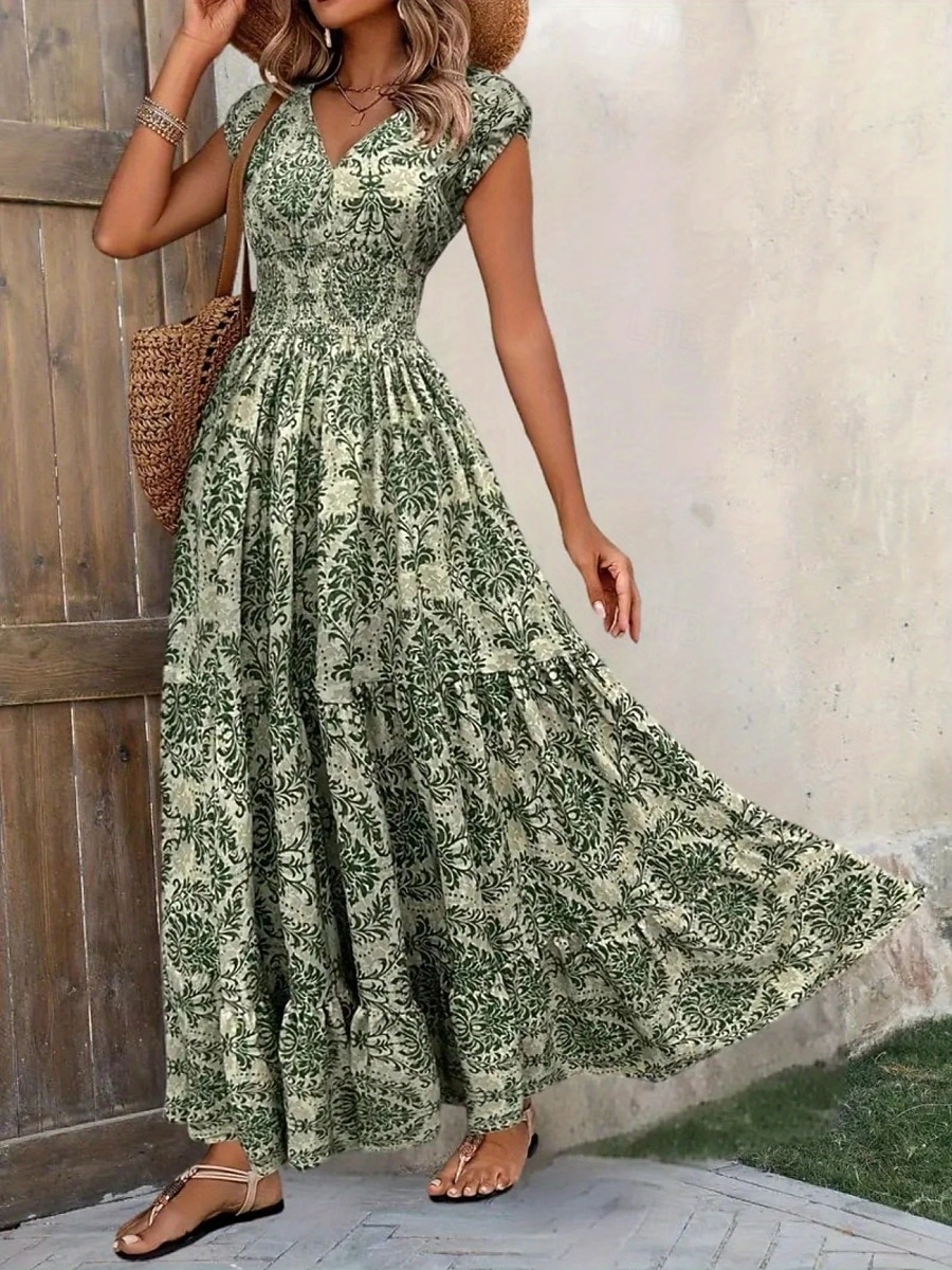 Per donna Abito lungo maxi Abito Lungo Maxi Abito Abito da Spiaggia Abito Floreale Abito Boho Elegante Moda Moderno Quotidiano All'aperto Vacanza Vestibilità regolare Floreale Manica Corta Scollo a V del 2026 a $22.99 –P5