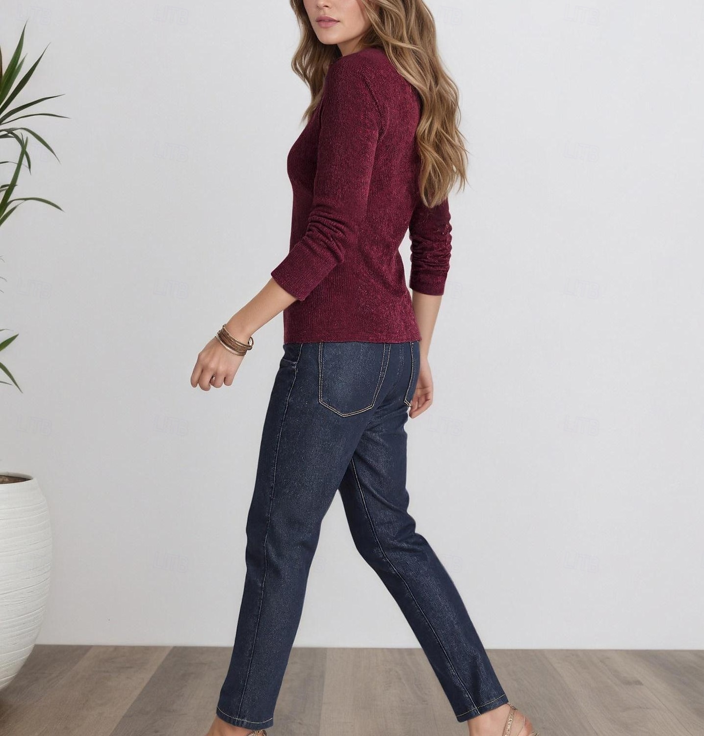 Femmes Flou Froncé Boucle en métal Couleur Unie Mode Occasionnel manche longue Col ras du cou Col rond Hauts Réguliers Quotidien Sortir Vin Printemps Automne de 2026 ? $22.99 –P4