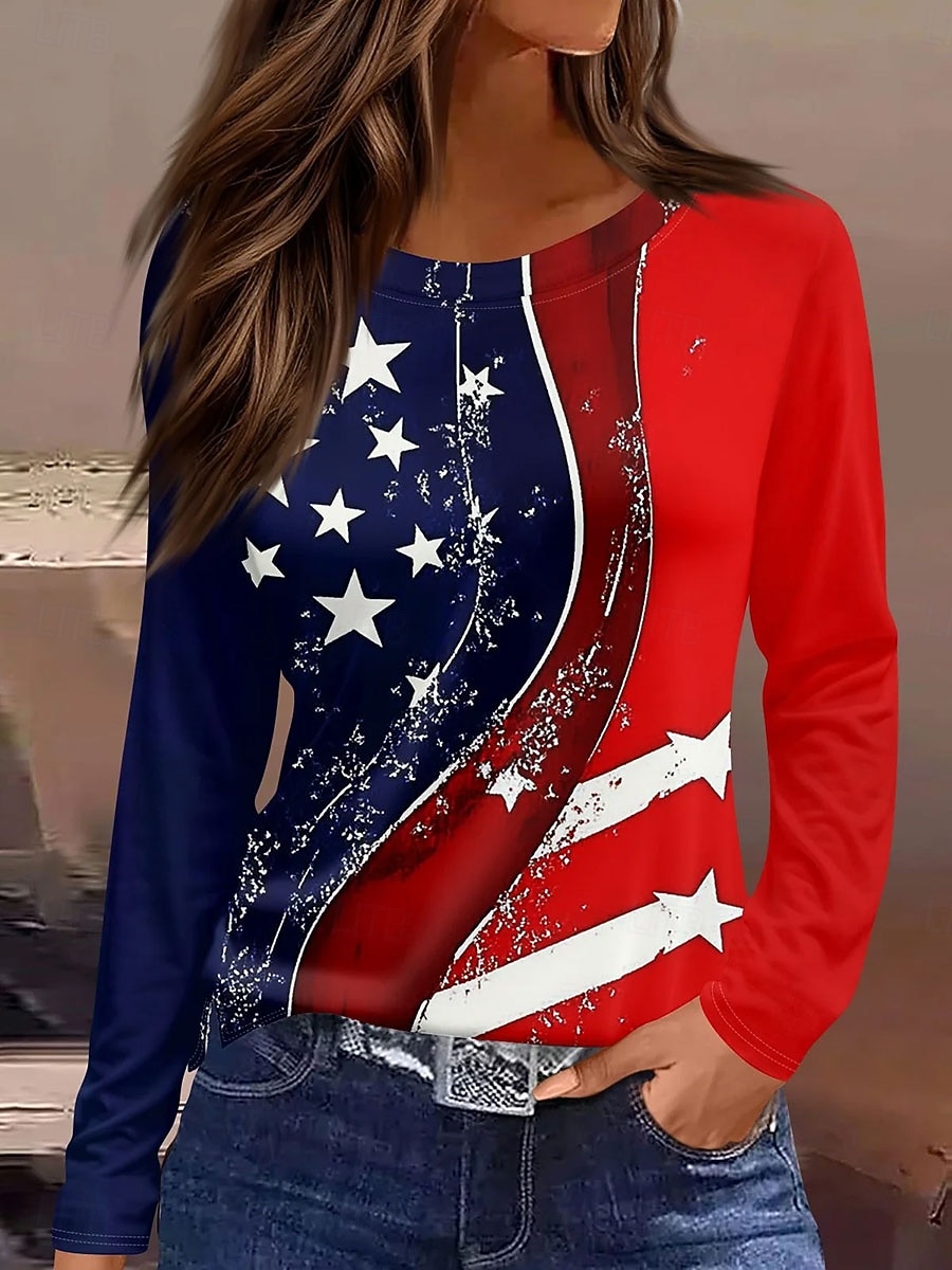 Camiseta Patriótica do Dia da Independência para Mulheres Gráfica com Bandeira Moda Estilosa Clássica de Manga Longa Crew Neck Neck Redonda Tamanhos Regulares para Uso Diário Impressão de Fim de de 2026 por $24.99 –P3