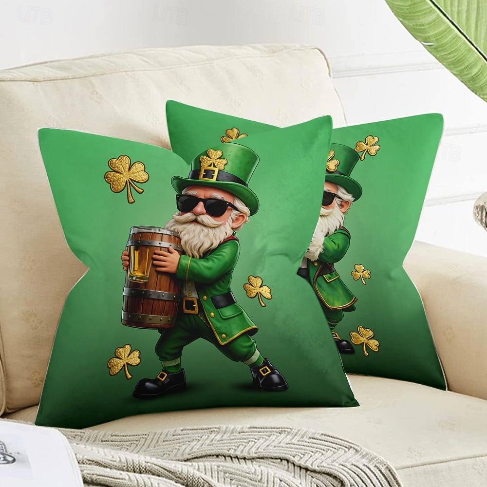 Szent Patrik-napi lóhere manó sör díszpárnahuzat 45x45 cm, vintage retro zöld 3D nyomtatott dekoratív párnahuzat 2026 - $10.99 –P4