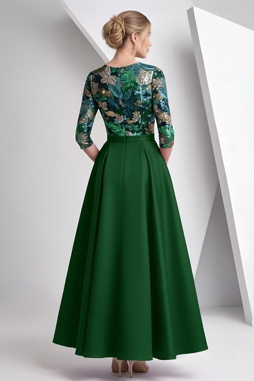 Linia -A Lungime Gleznă Brodat cu mărgele Rochie formala Rochia Mamei Miresei Rochii de cocktail Elegant strălucitoare Floral Lungime Manșon 3/4 Iluzii Nuntă Oficial Buzunar Satin Paiete Glugă la 2026 - $197.99 –P3