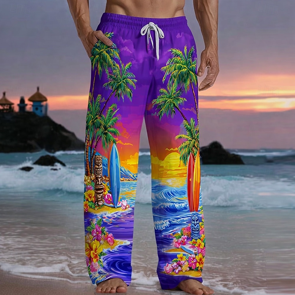 Voor heren Tropische planten Tikkie Bloemen Broek Wijde broek Vrijetijdsbroek Medium Taille Hawaii Buiten Vakantie Strand Kleding Elastische tailleband met trekkoord Linnen broek met zakken Zomer 2026 - $27.99 –P3